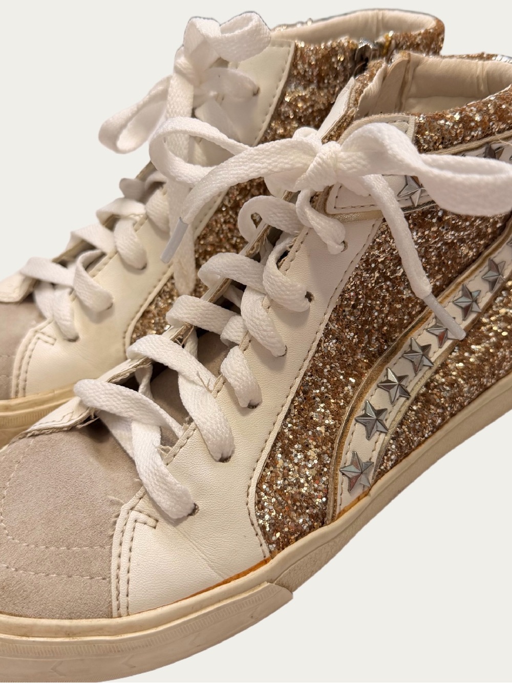 Vintage Havana Ray High Top Sneaker 8 White Leather Gold Glitter Distressed